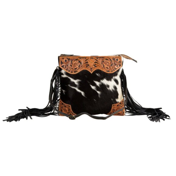 Tumbleweed Trail Fringed Hand-Tooled Bag | Myra Bag SKU S-7869 | Hair On Leather - Picture 6 of 6
